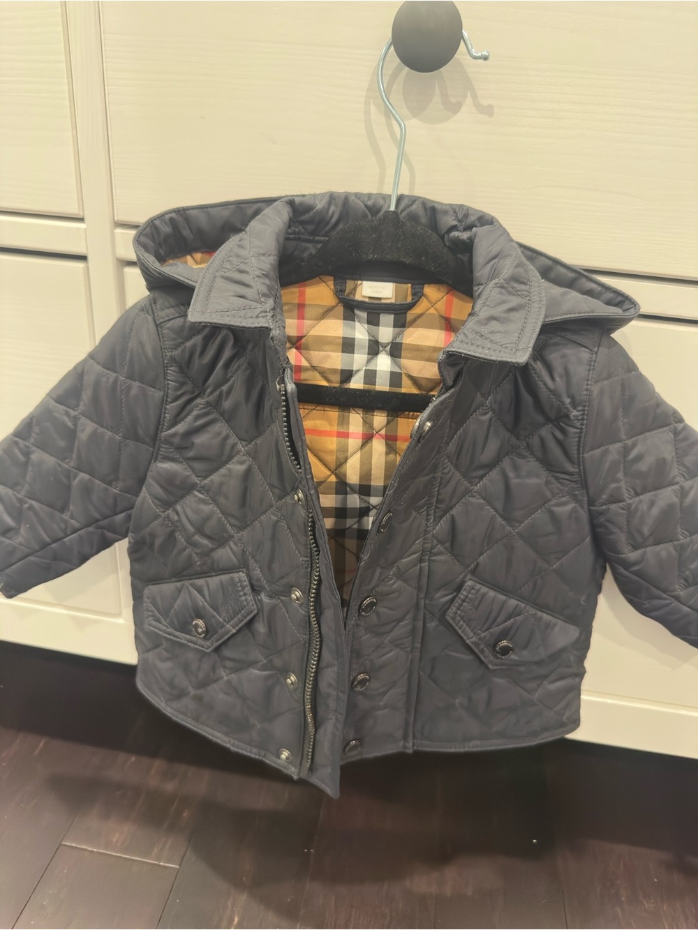 Burberry Navy Quilted Kids' Hooded Puffer with Signature Check Lining